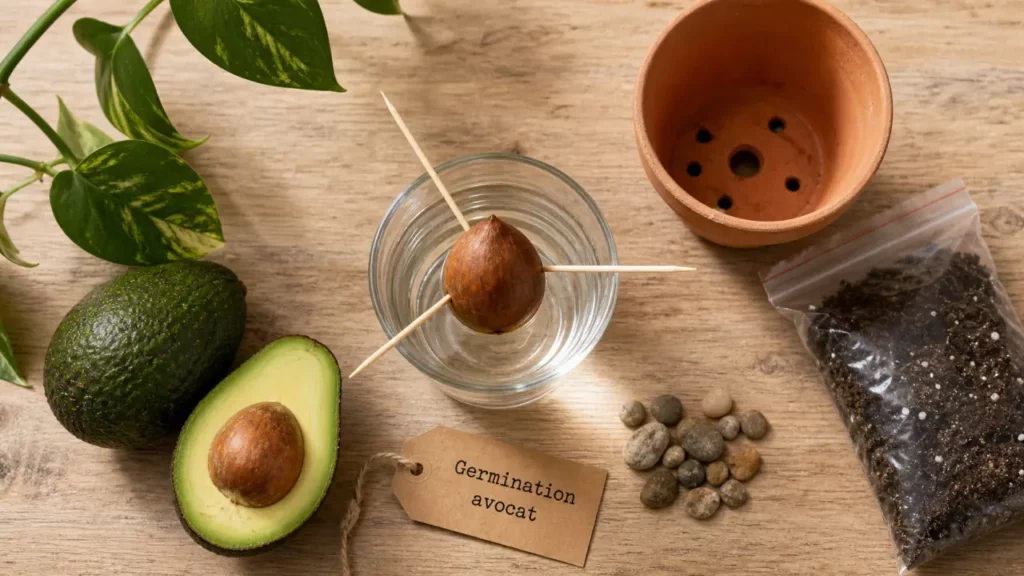Noyau d avocat qui germe dans l eau