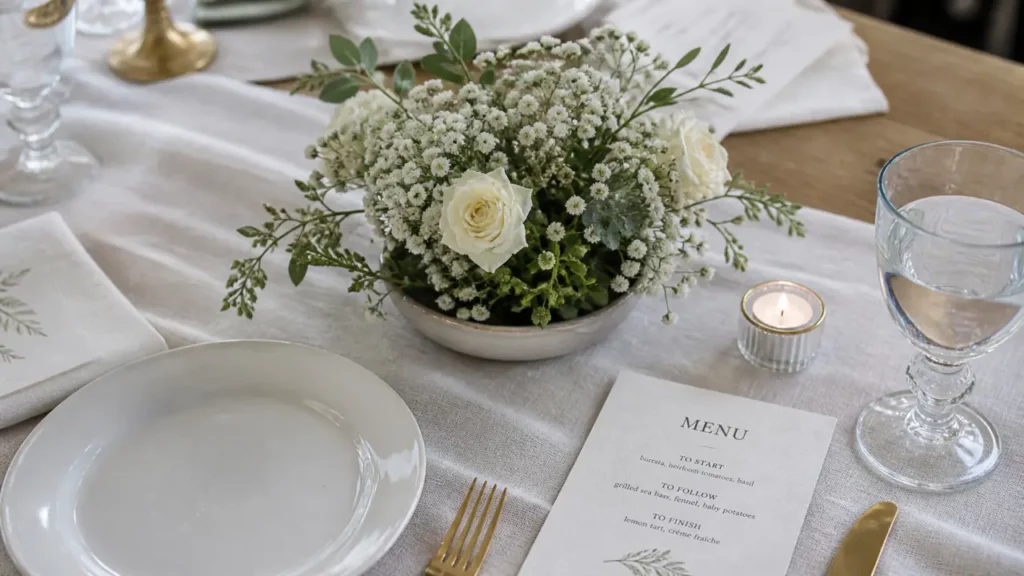 Petite composition florale pour table : mini centre crème et feuillage sauge