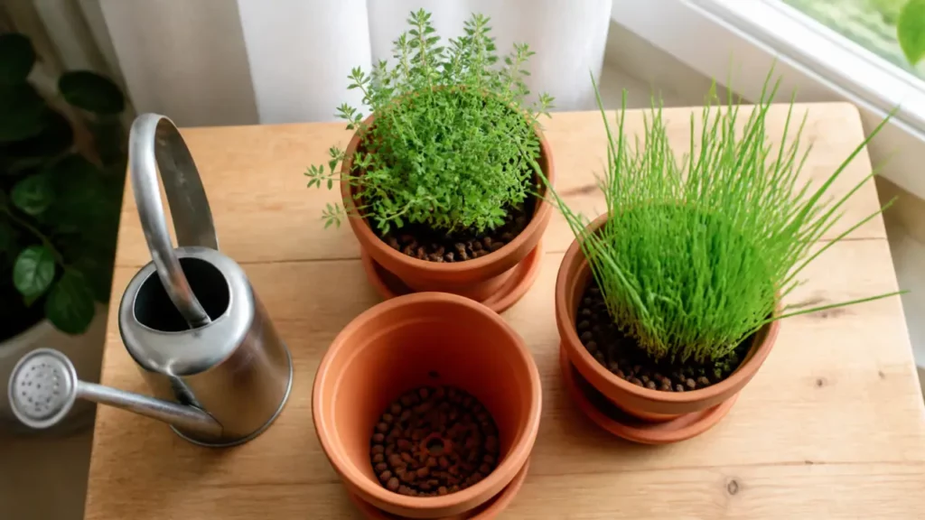 Plantes aromatiques en intérieur : thym et ciboulette en pots en terre cuite drainés