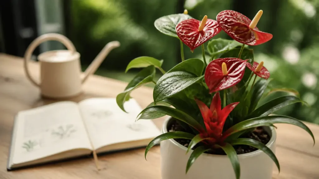 Plantes d intérieur fleurs rouges : anthurium rouge et guzmania en cache-pot blanc cassé