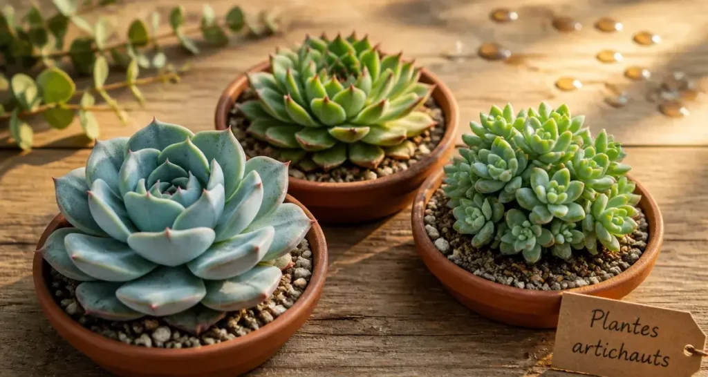 Plantes grasses artichauts en rosettes : Echeveria, joubarbe et sedum