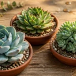 Plantes grasses artichauts en rosettes : Echeveria, joubarbe et sedum