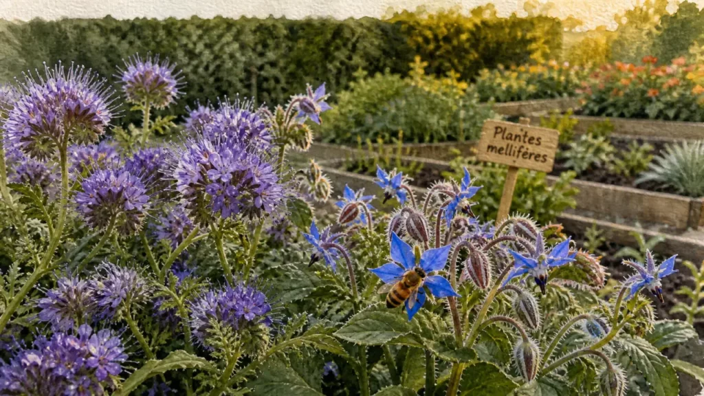 Plantes mellifère : abeille sur phacélie et bourrache au jardin