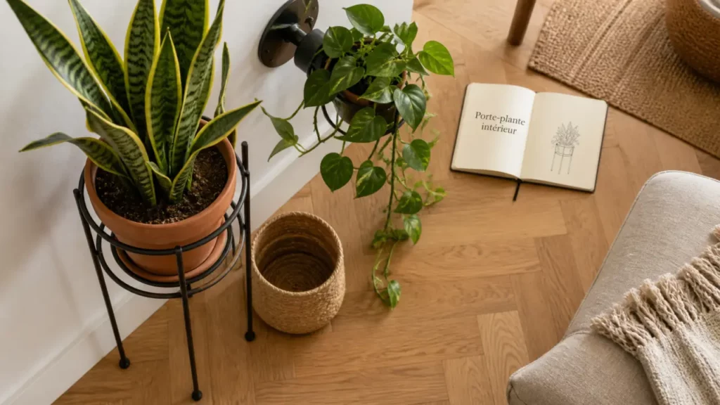 Portes plantes intérieur : support métal noir avec pot terre cuite et sansevieria
