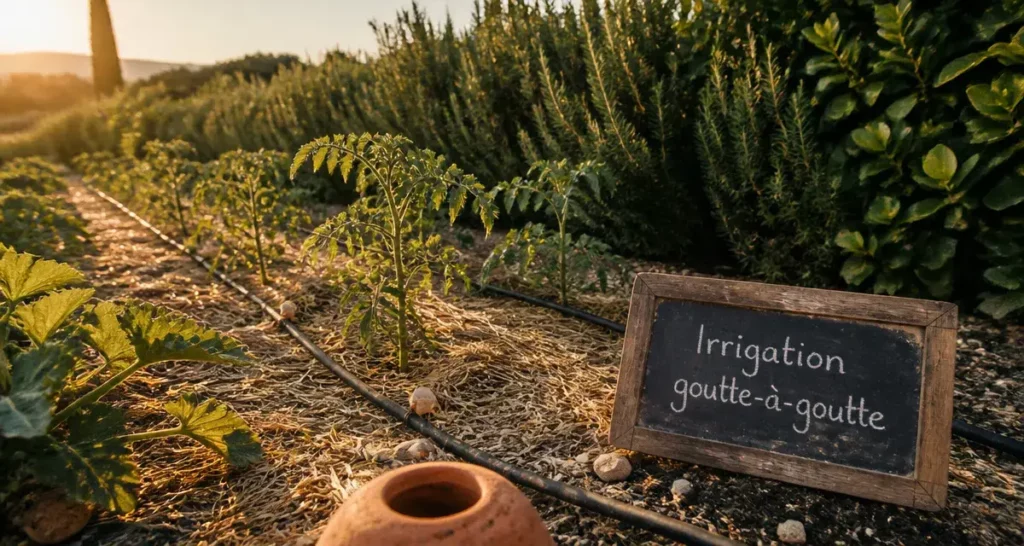 Potager bio de provence avec irrigation goutte-à-goutte et paillage