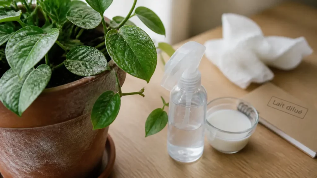 Plante d’intérieur avec lait dilué contre l’oïdium : calcium et erreurs à éviter