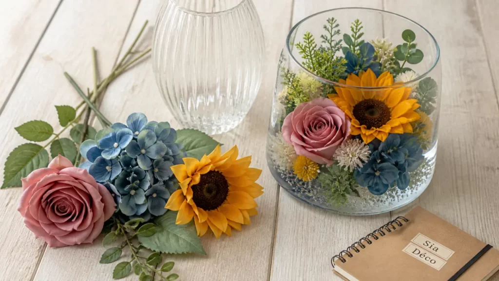 Photo sia fleurs artificielles : tiges seules et composition en vase