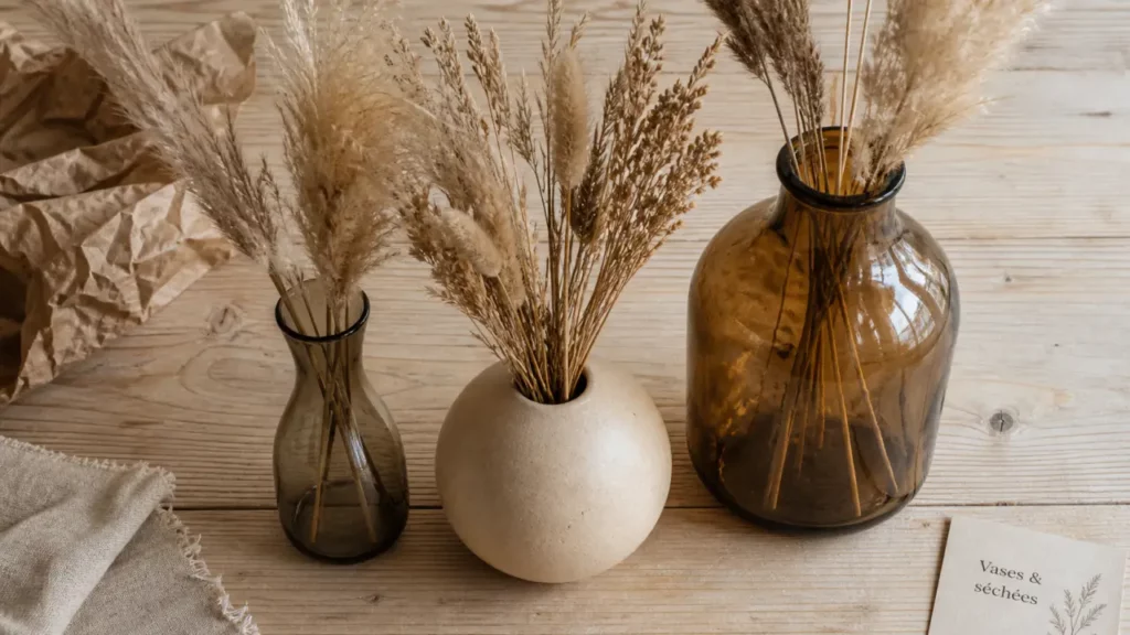 Vase fleurs séchées : dame Jeanne opaque et soliflore en verre fumé