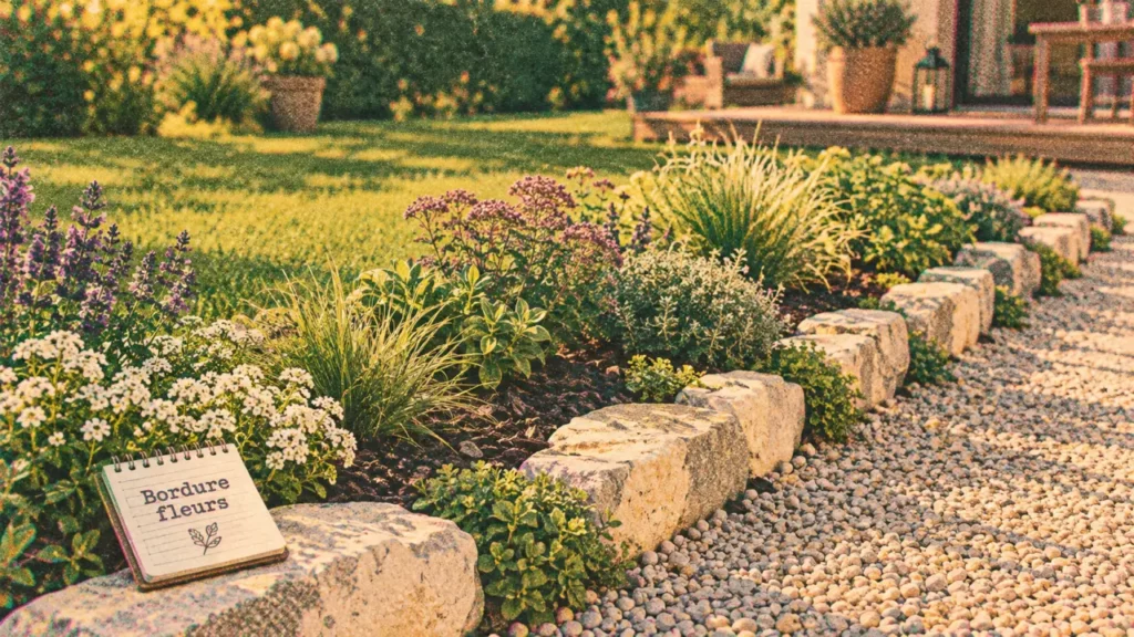 Bordure fleurs jardin en pierre claire pour allée et tonte facile