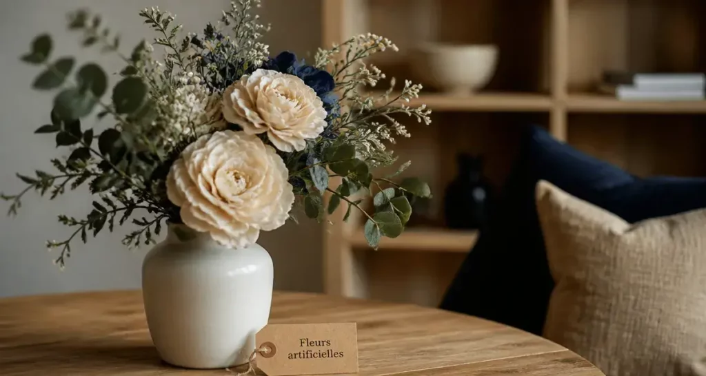 Bouquet de fleurs artificielles réalistes en vase en céramique mate blanc cassé