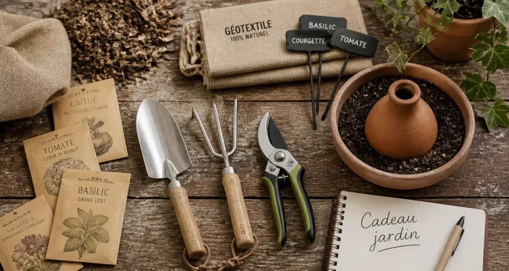 Cadeau jardinage : kit de jardinage durable sur table en bois