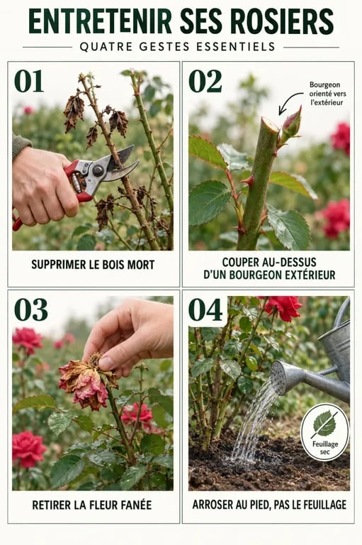 Gestes essentiels pour entretenir des rosiers : taille, suppression des fleurs fanées et arrosage au pied