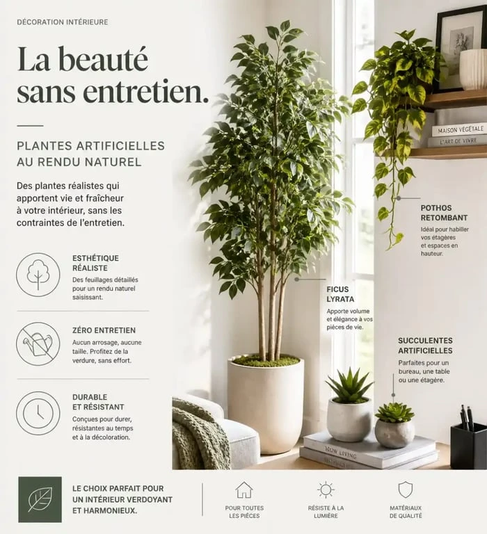Mise en situation de plantes artificielles intérieur : arbres, plantes retombantes et succulentes