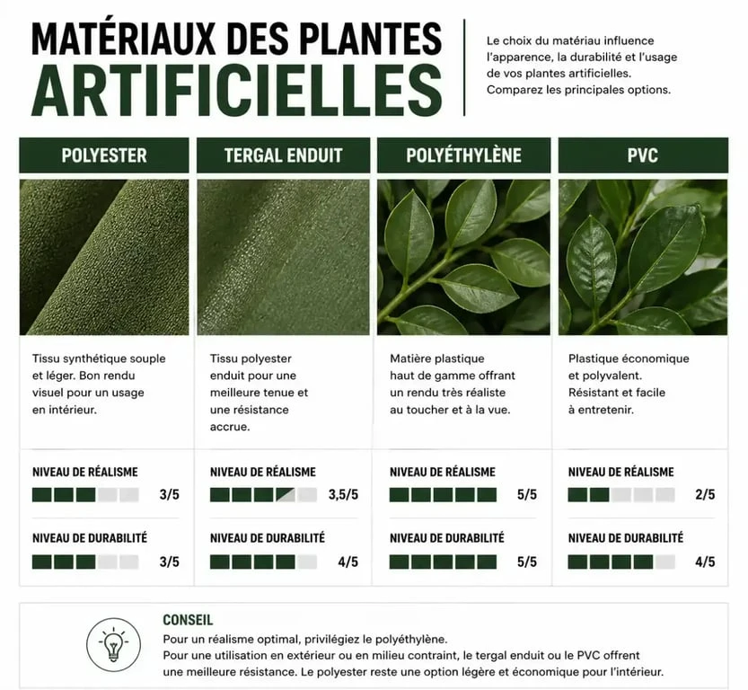 Comparatif des matières de plantes artificielles intérieur : polyester, tergal, polyéthylène et PVC