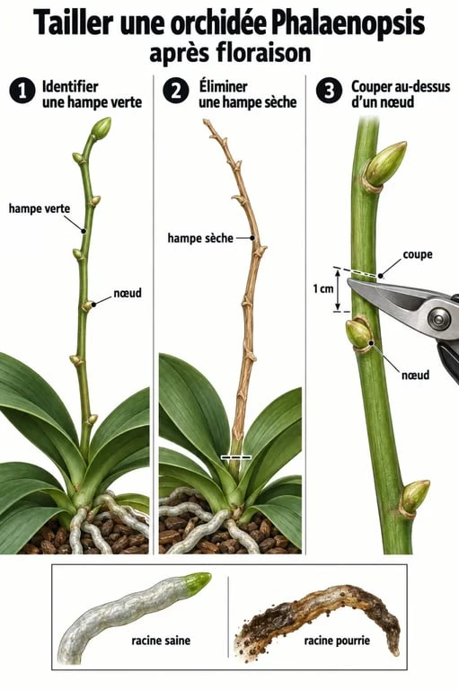 Illustration de la taille des orchidées Phalaenopsis : hampe verte, nœud dormant, coupe et hampe sèche