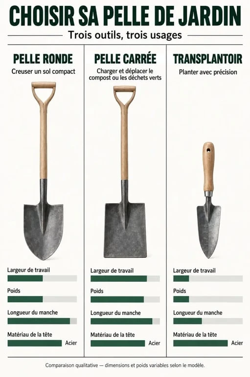 Infographie comparative des pelles de jardinage rondes, carrées et transplantoirs