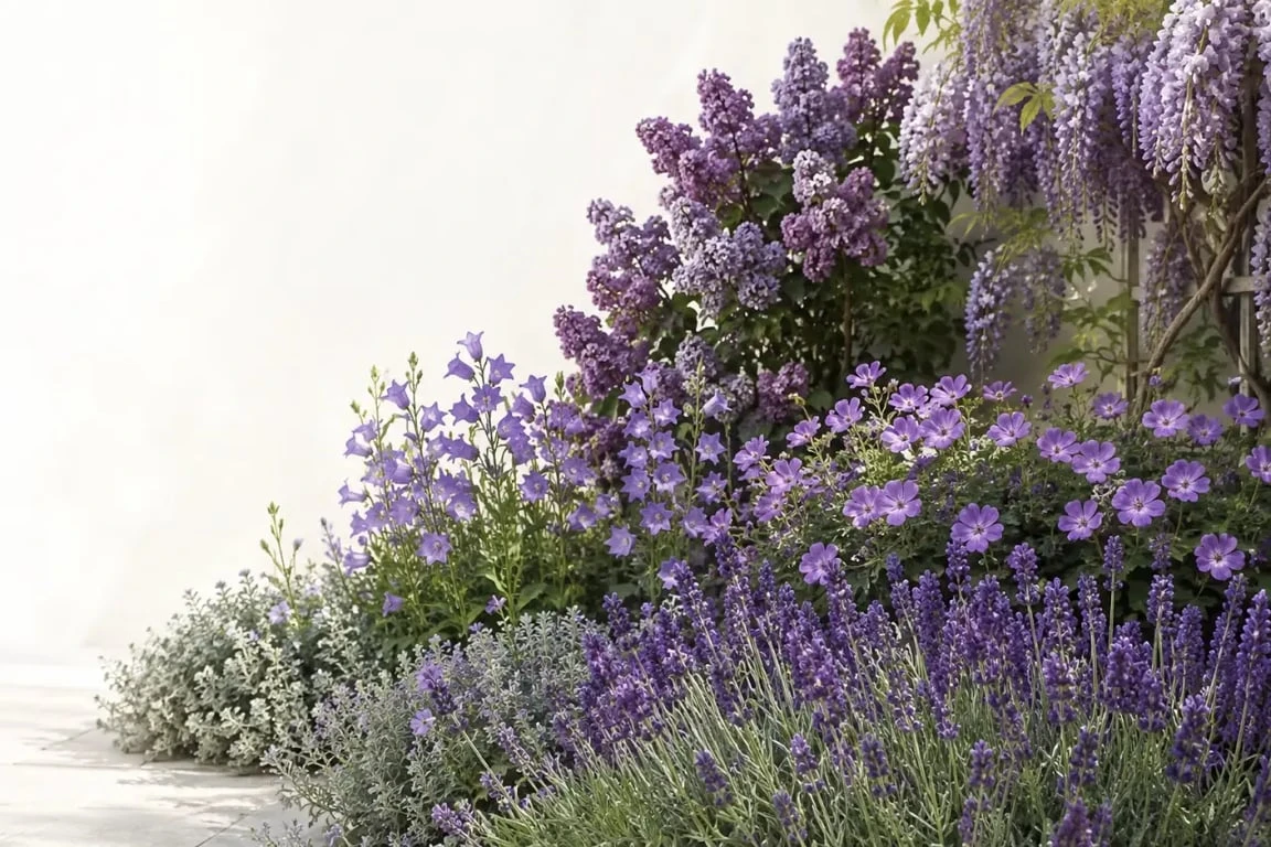 fleurs violette jardin dans un massif structuré avec lavande, campanules, lilas et glycine