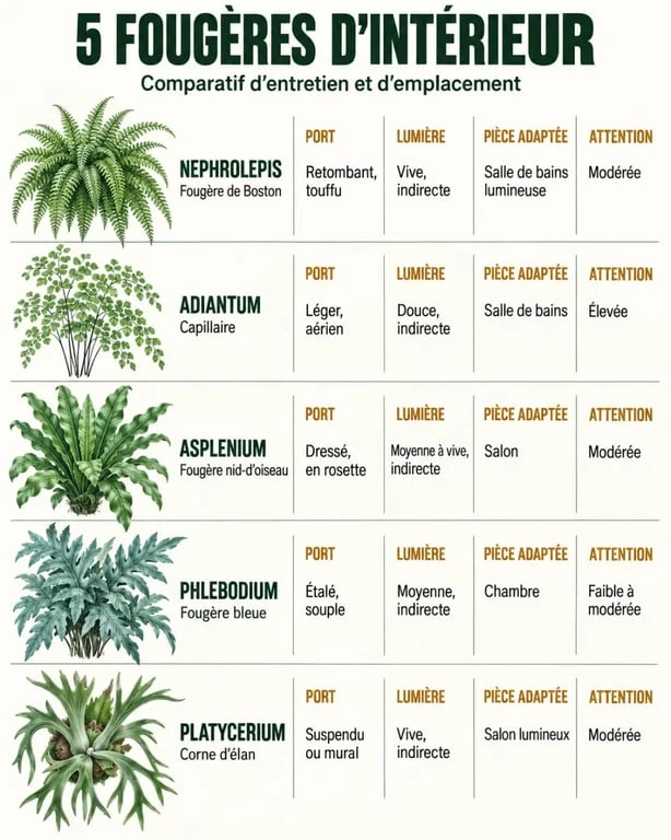 Fougères plantes intérieur : comparaison visuelle des variétés, de la lumière et de l'entretien