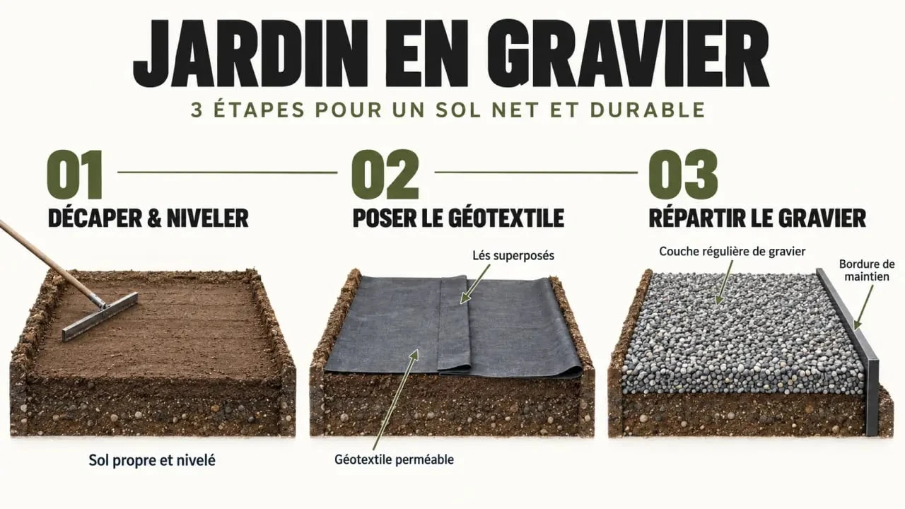 Étapes de préparation d’un jardin en gravier sans entretien avec géotextile et bordures