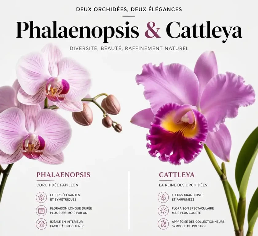 Variétés d'orchidées : Phalaenopsis et Cattleya, deux symboles forts dans le langage des fleurs