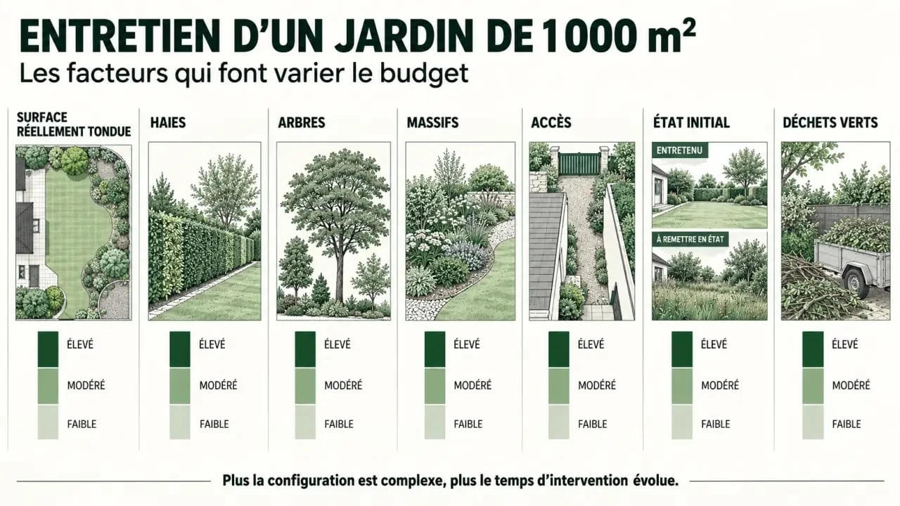 Facteurs qui influencent le coût entretien jardin 1000 m2