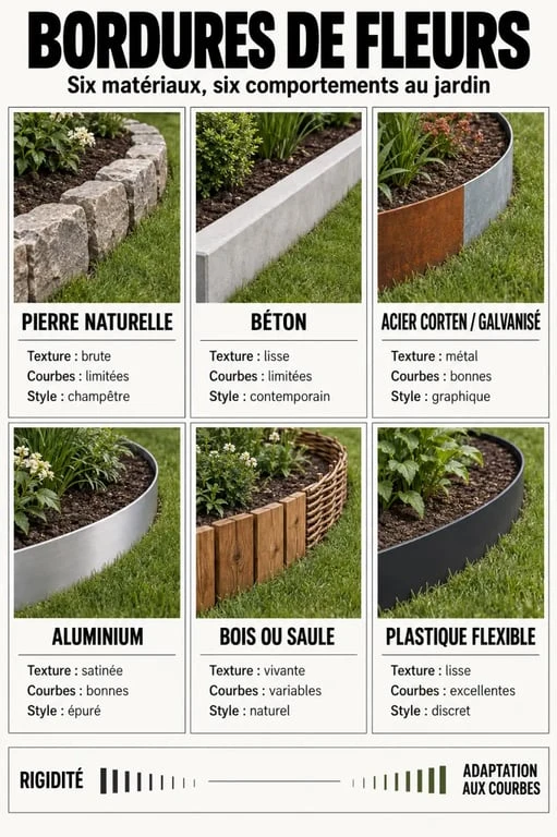 Infographie comparative des matériaux pour une bordure fleurs jardin