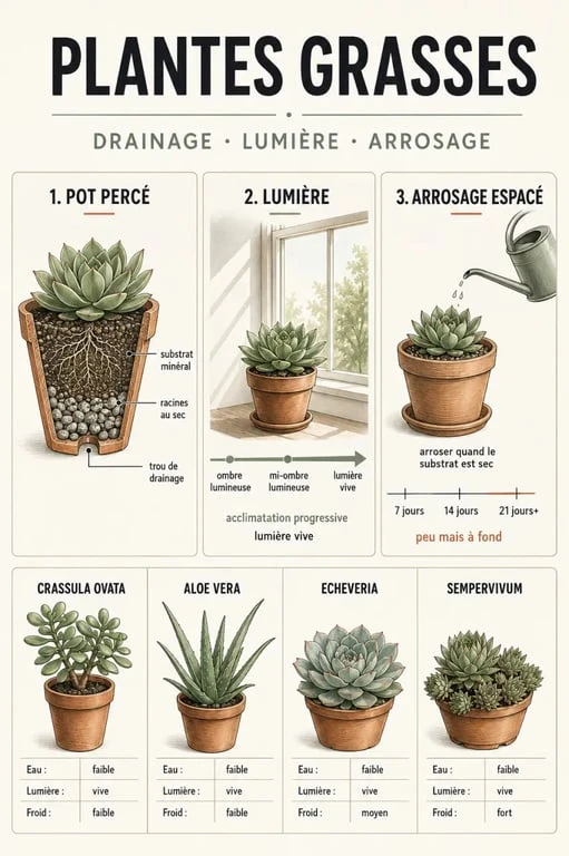 Plantes grasses : fiche visuelle sur le drainage, la lumière et l’arrosage