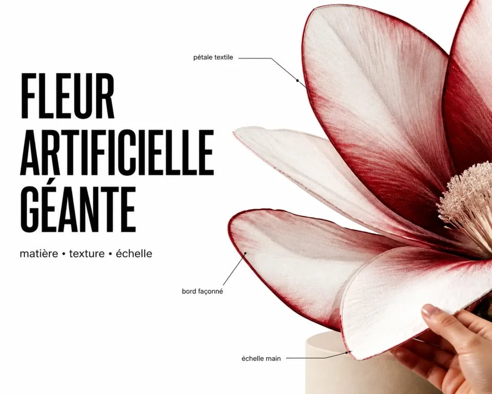 Détail de fleurs artificielles géantes montrant la texture des pétales et la qualité des finitions