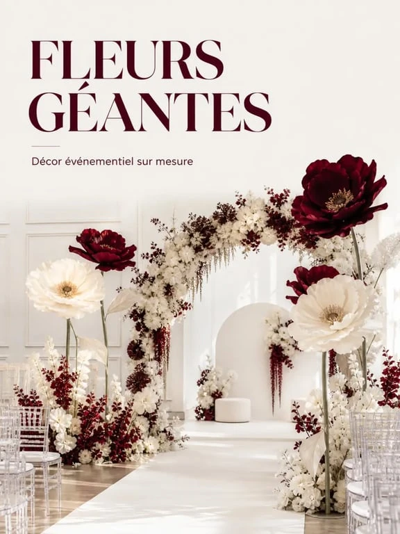 Fleurs artificielles géantes dans un décor événementiel élégant avec arche florale et coin photo