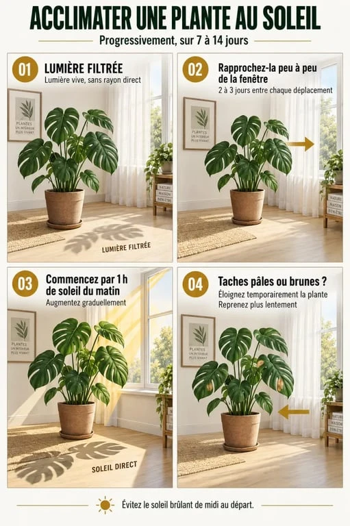 Étapes d’acclimatation des plantes d’intérieur soleil direct près d’une fenêtre