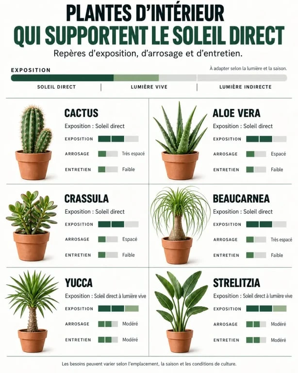 Infographie des plantes d’intérieur soleil direct avec exposition, arrosage et entretien
