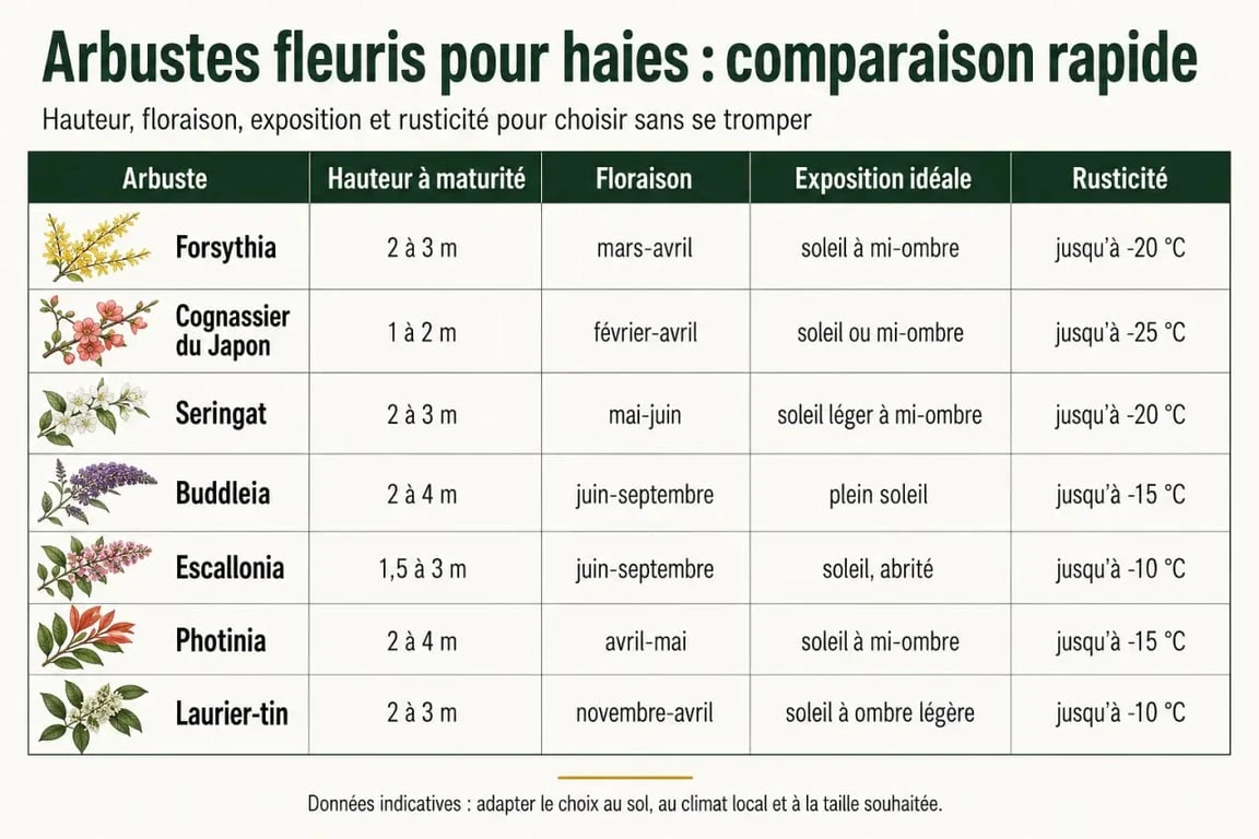Comparatif des arbustes fleuris pour haies selon hauteur, floraison, exposition et rusticité