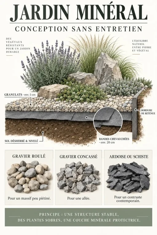 Infographie sur les étapes d'un jardin minéral sans entretien avec gravier, bordure et plantes adaptées