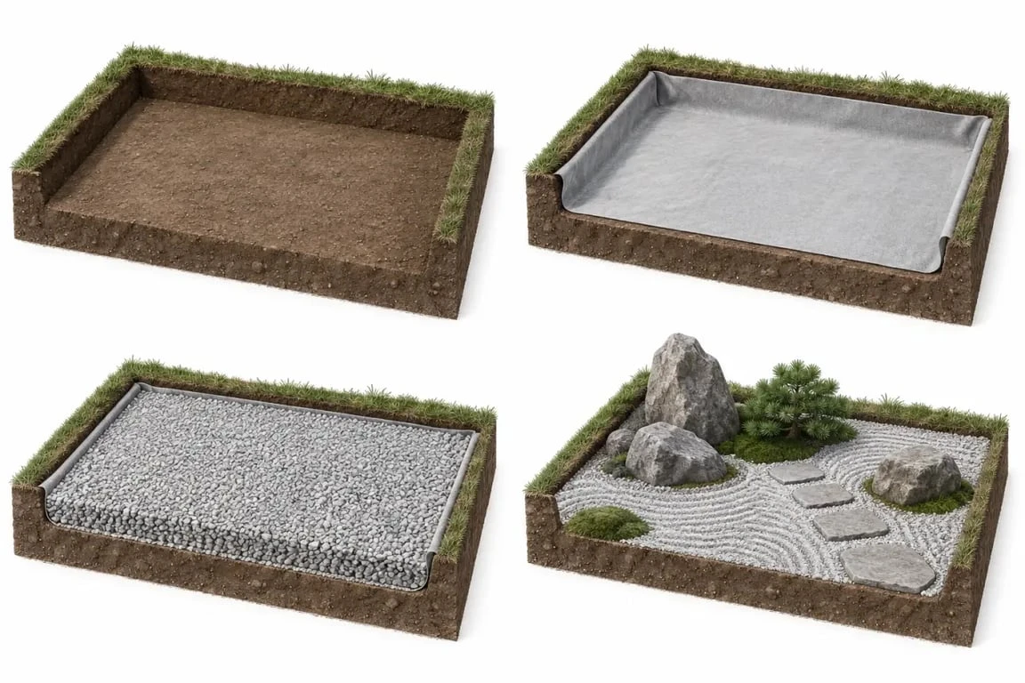 Conseils jardinage zen garden.org : préparation du sol, géotextile et couche de gravier pour un jardin zen