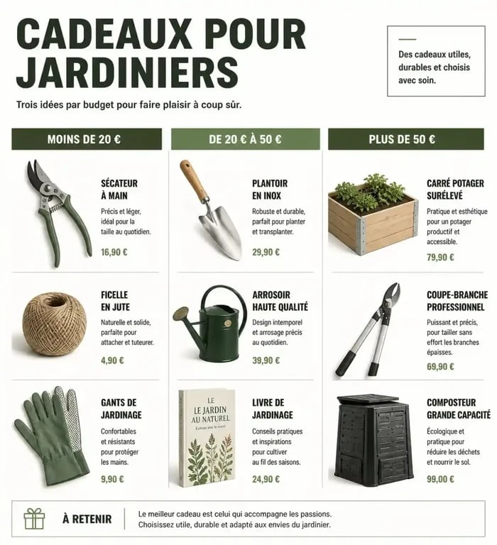 Sélection de cadeau jardinage classée par budget : du petit cadeau à l'attention premium.