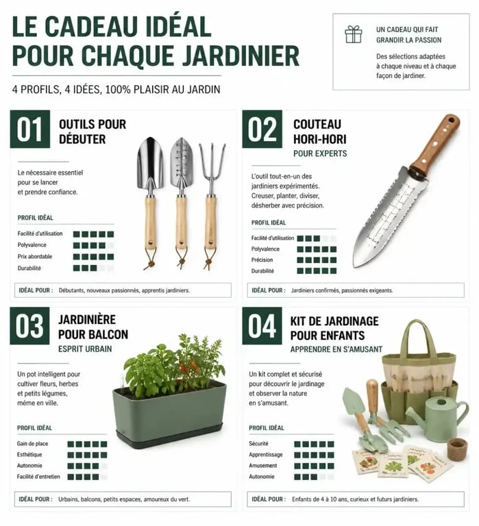 Idées de cadeau jardinage par profil : débutant, expert, urbain et enfant.