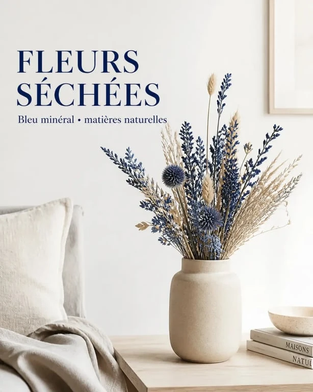 Fleurs séchées bleues en bouquet décoratif dans un vase, ambiance intérieure sobre