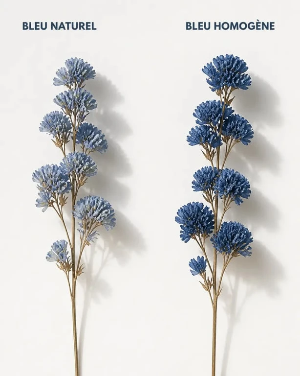 Fleurs séchées bleues : comparaison visuelle entre tige naturelle nuancée et tige teintée bleu profond