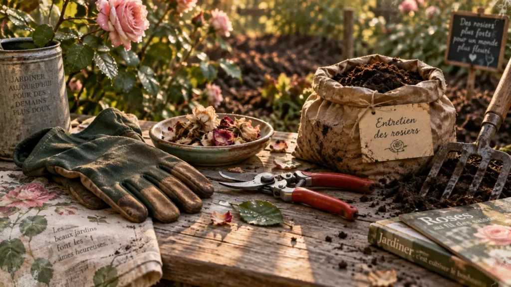 Entretenir rosiers : gants et sécateur près de rosiers en fleurs