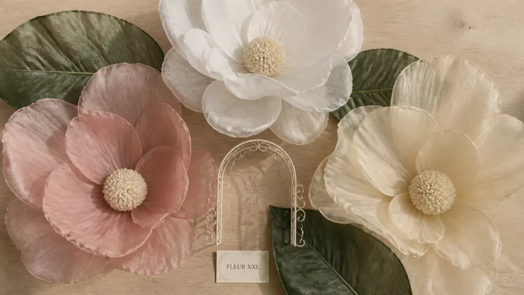 Fleurs artificielles géantes XXL sur table bois clair, vue de dessus