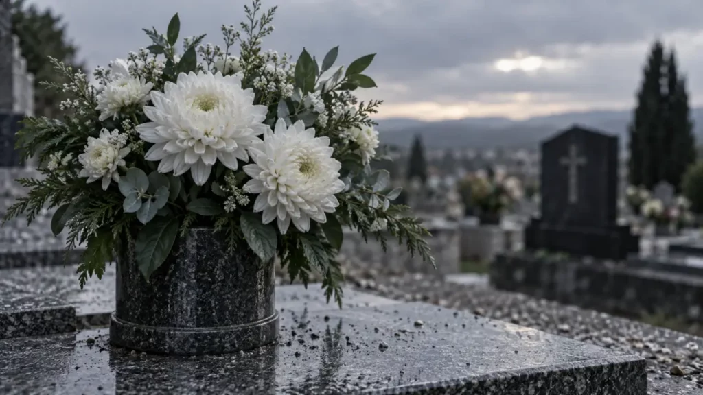 Fleurs artificielles pour cimetière : composition réaliste sur tombe