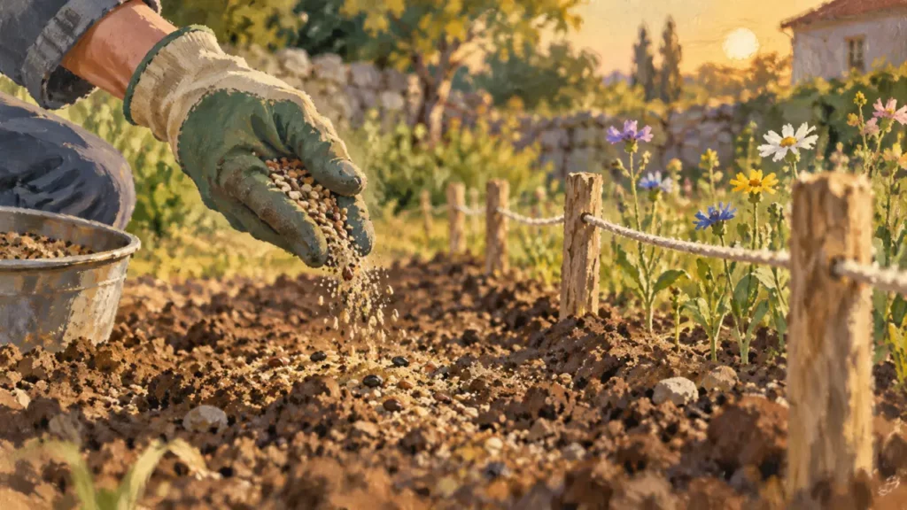 Fleurs sauvages au jardin : main semant des graines pour pollinisateurs