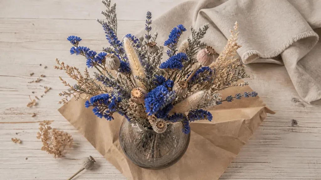 Fleurs séchées bleues, bouquet de statice pour déco bohème