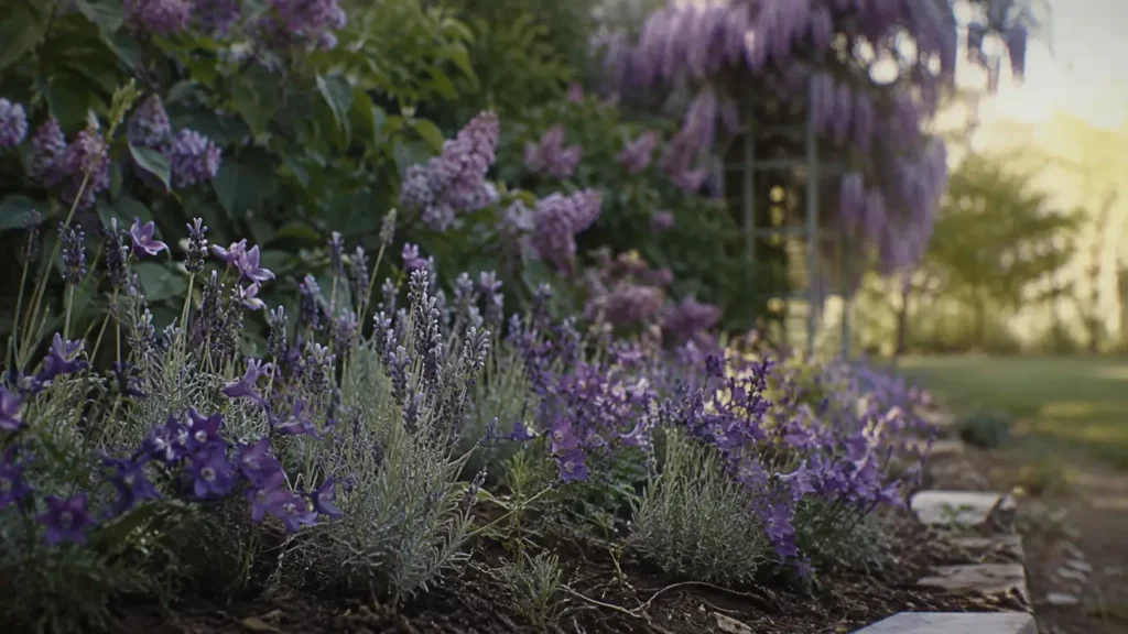 Fleurs violette jardin : lavande, campanules violettes, lilas et glycine