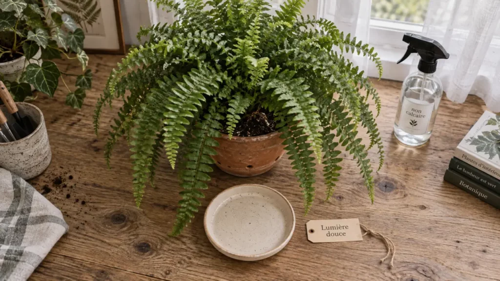 Fougères plantes intérieur : fougère de Boston Asplenium en pot en terre cuite, lumière douce