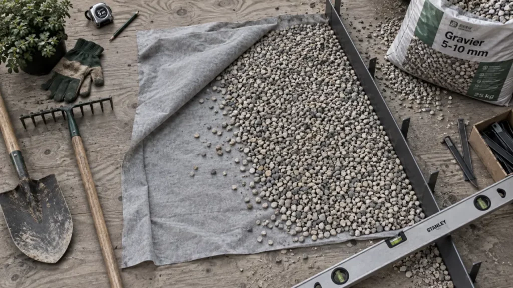 Gravier jardin sans entretien : géotextile et gravier concassé 5-10 mm