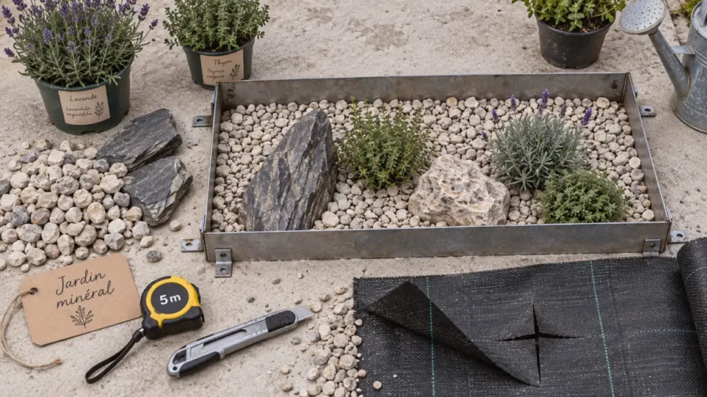 Jardin minéral sans entretien en cours, sol préparé et paillage