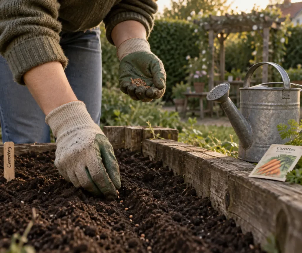 Jardinage nue : semis de carottes au jardin, mains gantées, intimité et sécurité