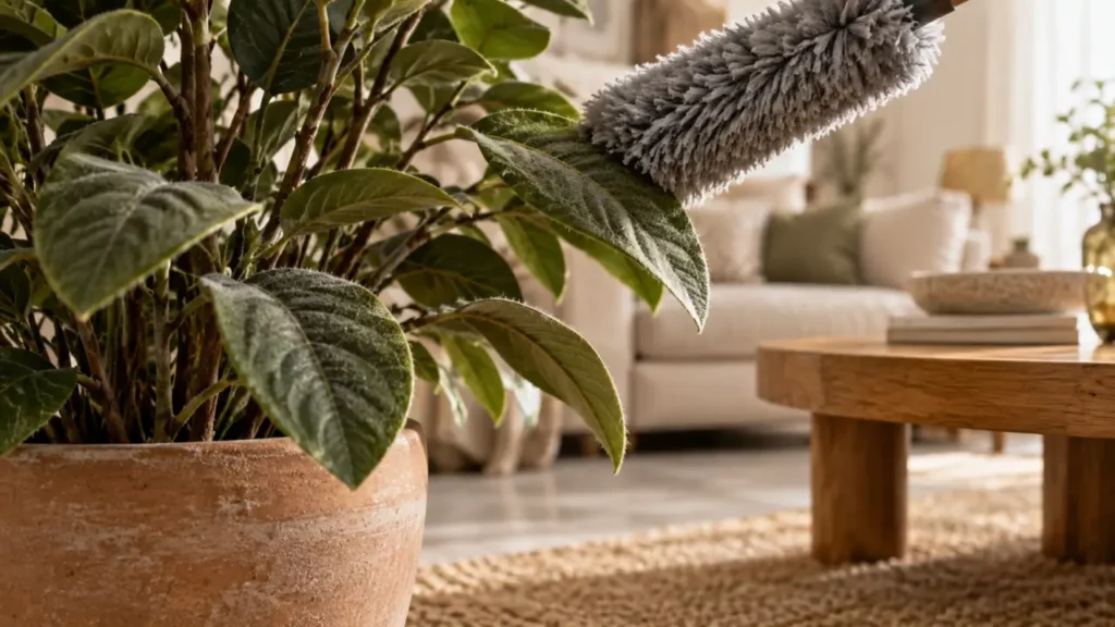 Plantes artificielles intérieur réalistes en pot, feuillage texturé, salon beige