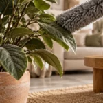 Plantes artificielles intérieur réalistes en pot, feuillage texturé, salon beige